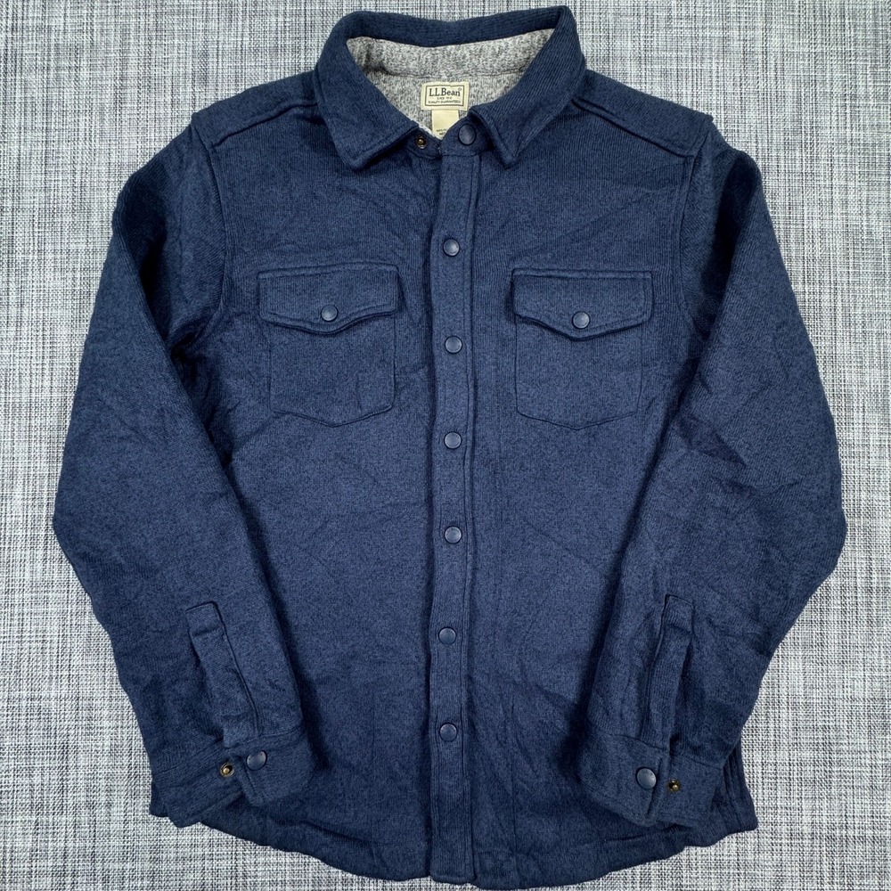 LL Bean Mens Medium Sweater Fleece Shirt Jacket Navy Blue Snap Front Pockets